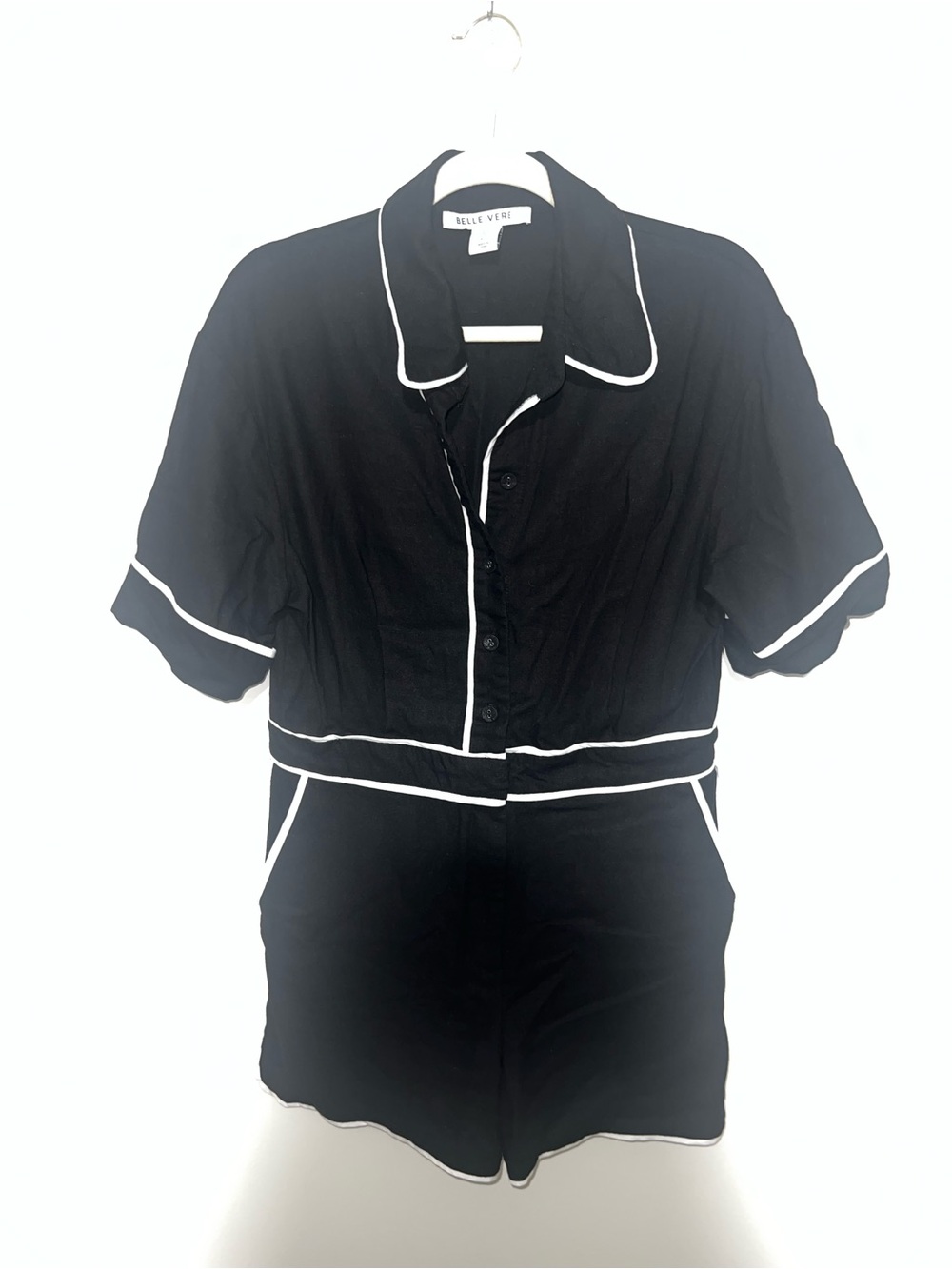 Black Linen Romper with White Piping by Belle Vere Pockets Buttons Zip Closure